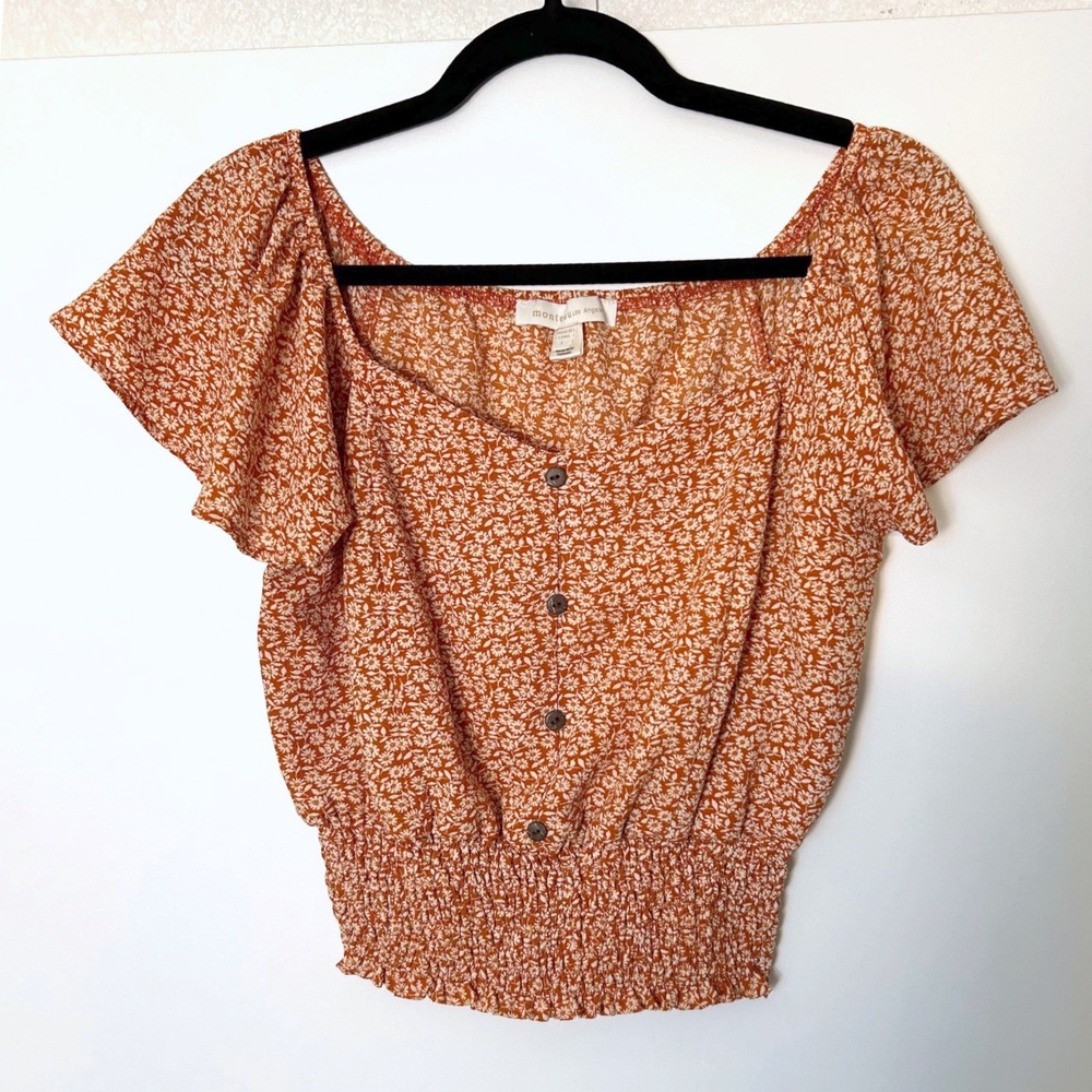 Monteau Large Orange Floral Ditzsy Peasant button front blouse Smocked Waist